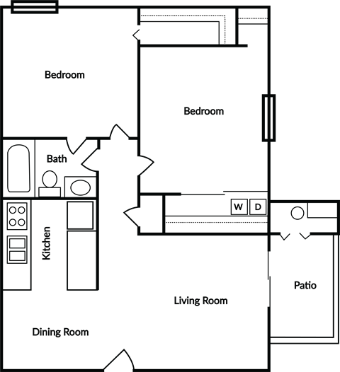 Floor plan for 2 beds, 1 bath, 950 sqft